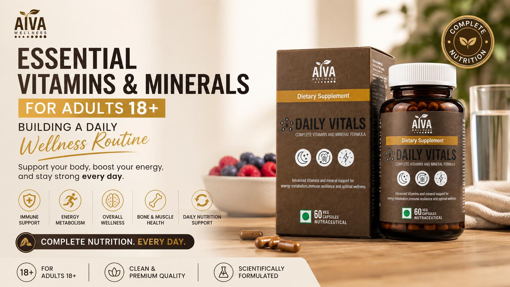 A balanced plate of food representing everyday vitamin and mineral intake for adults