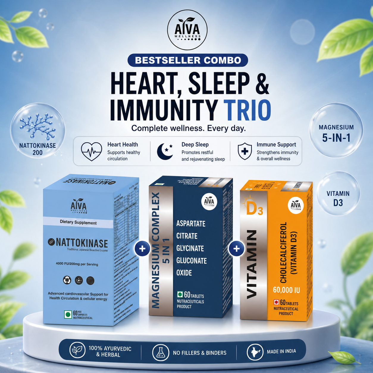 Nattokinase 200 + Magnesium + Vitamin D3 Combo